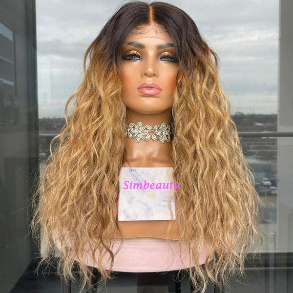 

lace wigs honey blonde 200%density water wave front human hair preplucked ombre brown color brazilian remy 360 frontal wig, Black;brown