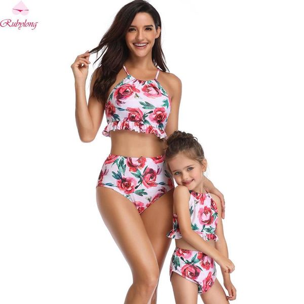 

one-piece suits rubylong 2021 child bikini women high waist swimwear children neck set girls print swimsuit bathing suit beach wear