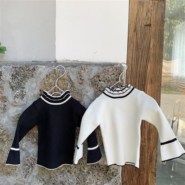 

2021 spring new korean style baby girls knitted sweaters ruched collar flare sleeve toddlers kids pullovers sweaters, Blue
