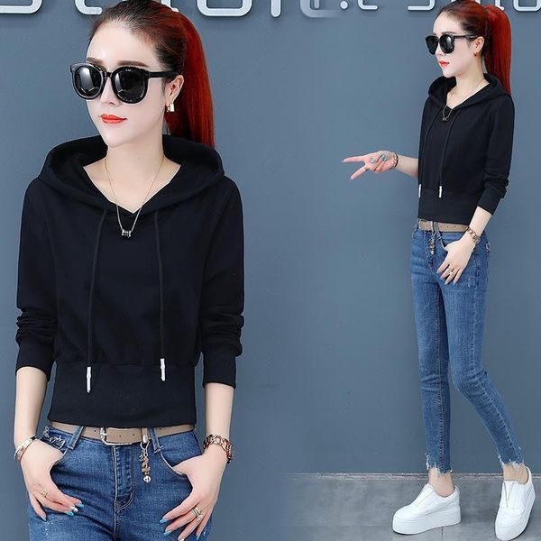 

women's hoodies & sweatshirts spring autumn womens pullover hooded sweatshirt with cotton solid color slim short long sleeves, Black