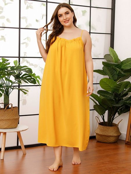 

plus solid frill trim cami nightdress d7nm#, Black;white