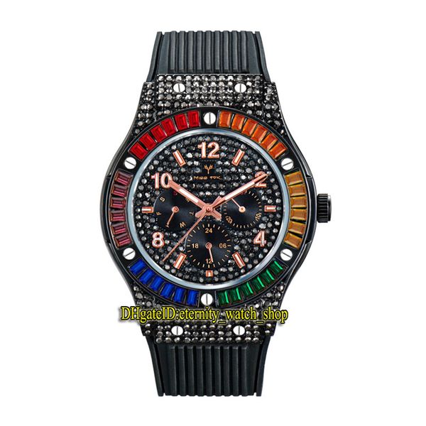 MissFox Eternidade V315 2 Hip Hop Moda Mens Relógios CZ Diamante Inlay Black Dial Movimento de Quartz Homens Assista Gelado Out Arco-íris Diamantes Bezel liga de liga de liga de borracha