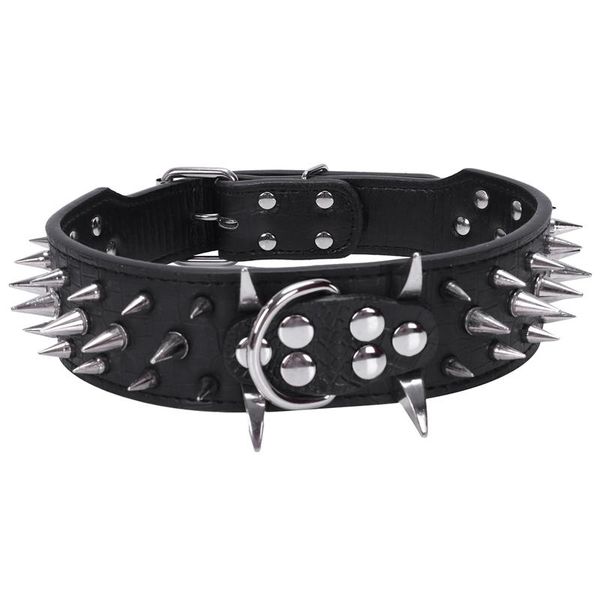 

leather spiked studded dog collar 2" wide, 25 spikes 44 studs, pit bull, boxer-black m collars & leashes