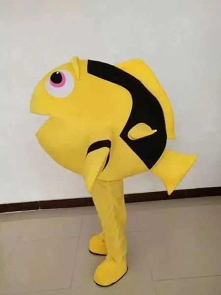 Costumi di mascotte di abbigliamento di pesce giallo di alta qualità Vestito da festa di fantasia di Natale Vestito da personaggio dei cartoni animati Vestito da adulto Taglia Carnevale Pasqua Abbigliamento a tema pubblicitario