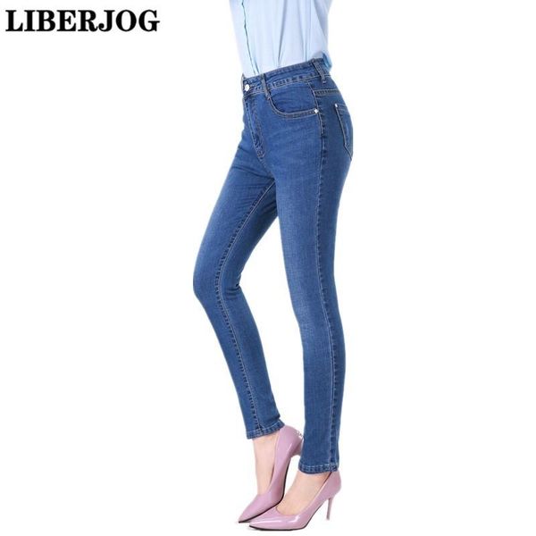 

women's jeans liberjog elegent high waist elastic women skinny cotton softner 2021 full length mom pencil pants denim trousers, Blue