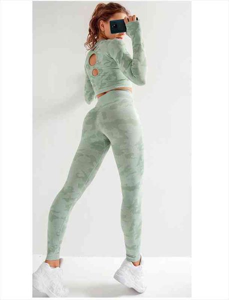 

explosion seamless camouflage suit womens high elasticity slim fitness yoga sports two-piece suit, White