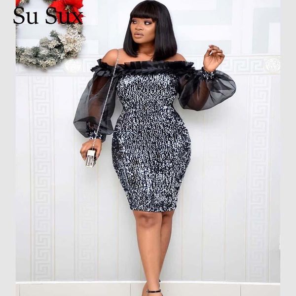 

ethnic clothing african clothes sequins slash neck dress dresses for women mesh sleeve lantern bodycon bandage mini vestidos 2021, Red