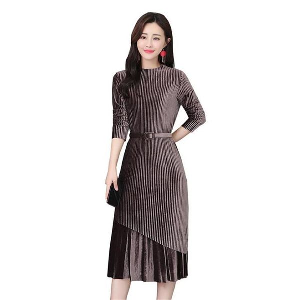 

casual dresses autumn winter women long-sleeved dress plus size vintage pleated velvet woman office two-piece suit e456, Black;gray