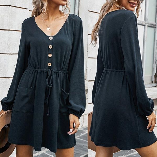 

casual dresses lace up v neck button women's mini dress autumn long sleeve with pocket slim elegant vestidos female, Black;gray