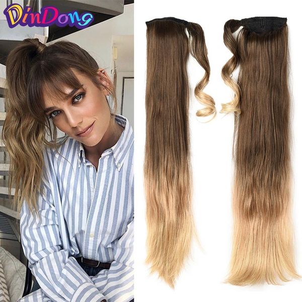 

synthetic wigs dindong ponytail 24 inch clip in drawstring hairpieces for women ombre brown pony tail blonde, Black