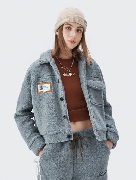 

drop shoulder flap pocket patch detail teddy jacket r2z6#, Black;brown