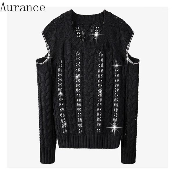 

[aurance] women sweater metal chain decoration knitted off shoulder long sleeve pullovers loose spring 2021 women's sweaters, White;black