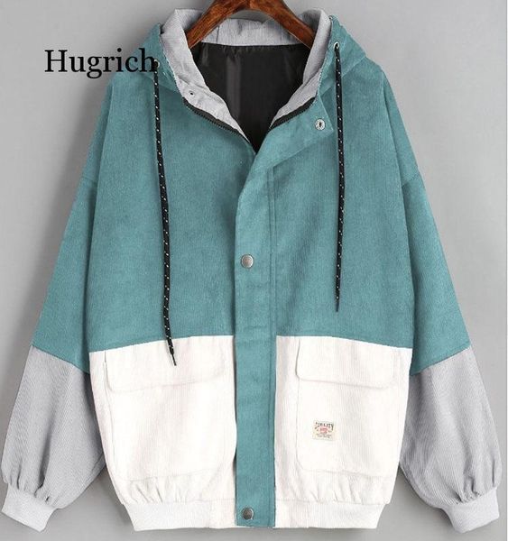 

women's jackets winter warm color block hooded corduroy jacket drawstring hit patched pocket thick basic women coat harajuku, Black;brown