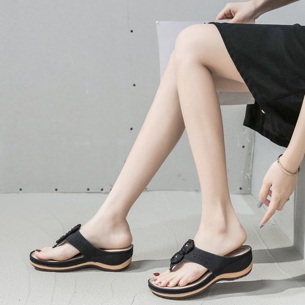 

sandals summer ladies' casual shoes, soft sole, thick heel, middle wedge mother's toe flip-flops and women's, Black