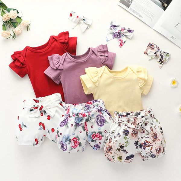 

infant baby girls solid romper bodysuit+floral printed shorts headbands outfits eliminate the trouble of matching clothing sets, White