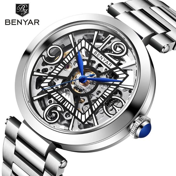 

wristwatches automatic mechanical watches for men benyar men's watch man full stainless steel male clock waterproof relogio, Slivery;brown
