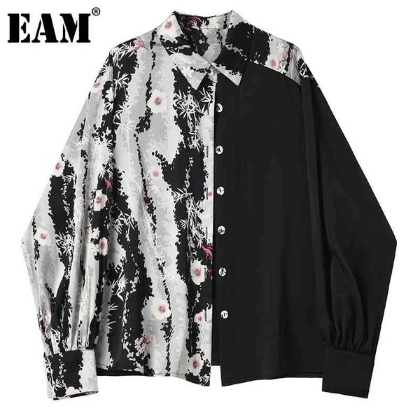 

[eam] women black spliced print big size blouse lapel long sleeve loose fit shirt fashion spring autumn 1dd5888 210512, White