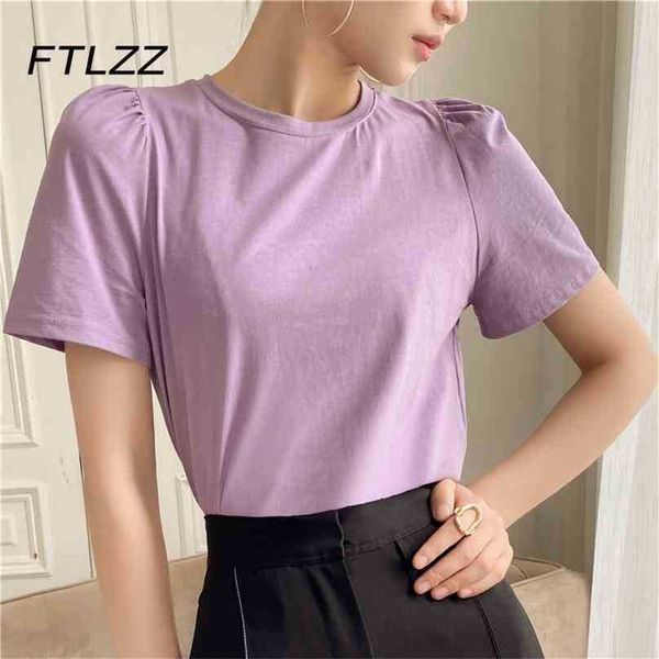 Mulheres Spruff Sleeve T Shirt Verão Curto Sólido Casual Tops Coreano Mulher Slim T-shirt 210525