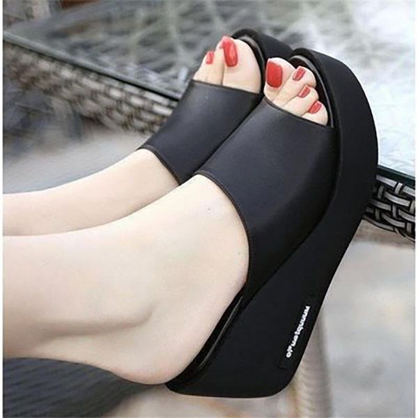 

woman peep toe slippers ladies slip on mid heels slides female solid wedge women platform casual outdoor shoes women's, Black