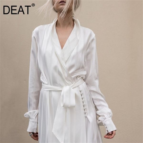 

[deat] summer fashion v-neck high waist long sleeve solid color loose temperament white dress women 13q268 210527, Black;gray