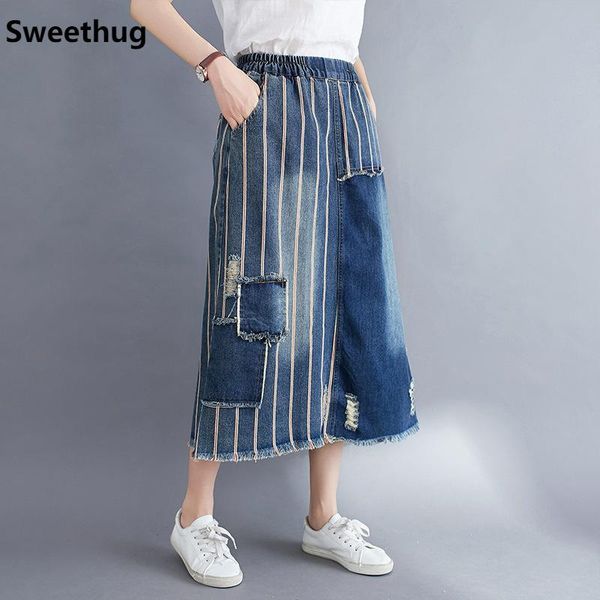 

skirts 2021 spring summer elastic waist patchwork hit color women casual loose pockets for, Black