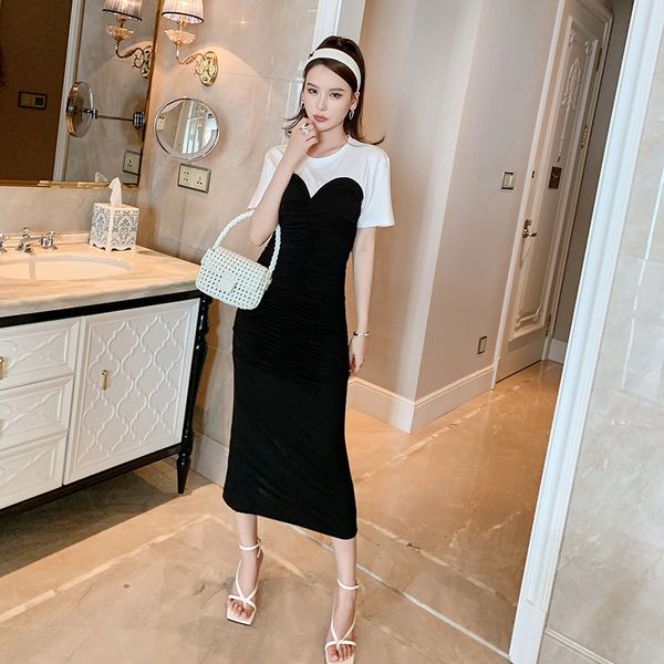 

casual dresses summer 2021 french women's black and white slim casual wear, Black;gray