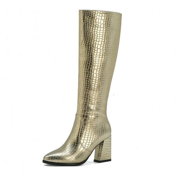 

boots autumn winter band designer faux leather women knee high fashion zipper pointed toe heel black gold green iqvt