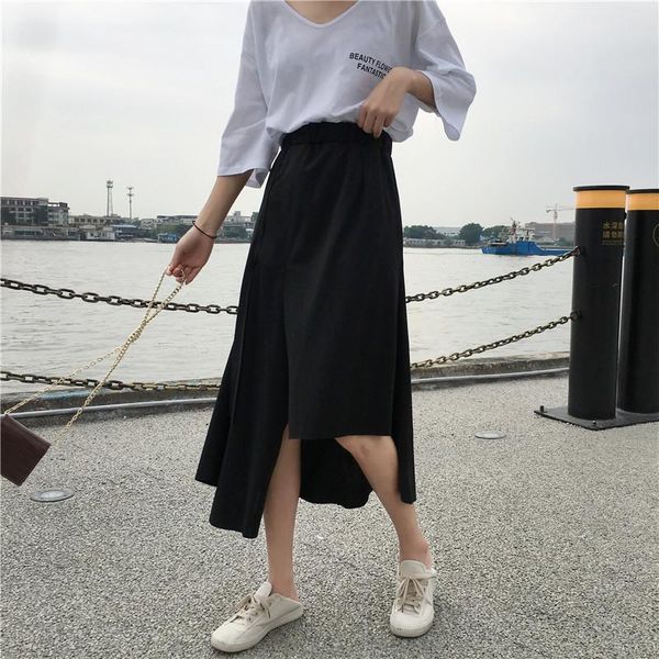 

women solid color irregular hem ankle-length skirt ladies fashion trend all-match skirts casaul for party work school, Black
