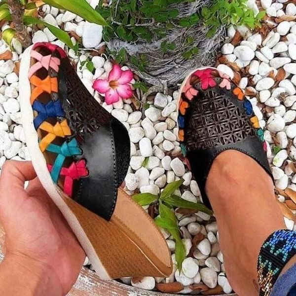 

slippers women wedge heel platform color matching hollow ladies sandals summer outdoor beach casual comfy female footwear, Black