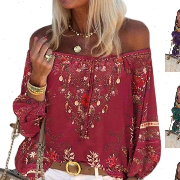 

s womens blouses 3xl women vintage lacing stitching off shoulder floral print string blouse shirt female clothing plus size, White