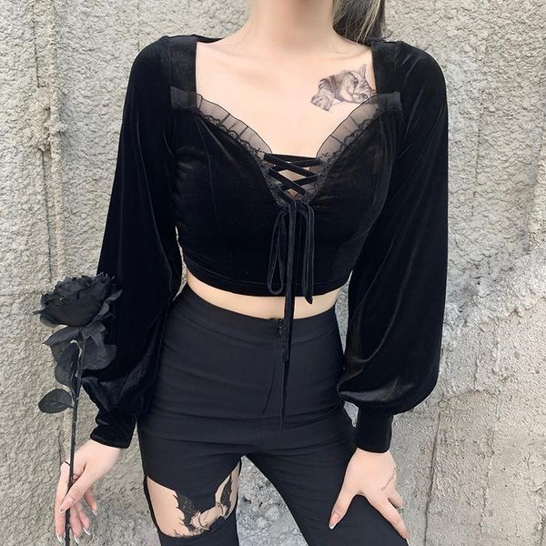 

women's t-shirt nsgoth gothic bandage black goth aesthetic hollow out t shirt vintage velvet lantern sleeve spring autumn basic, White