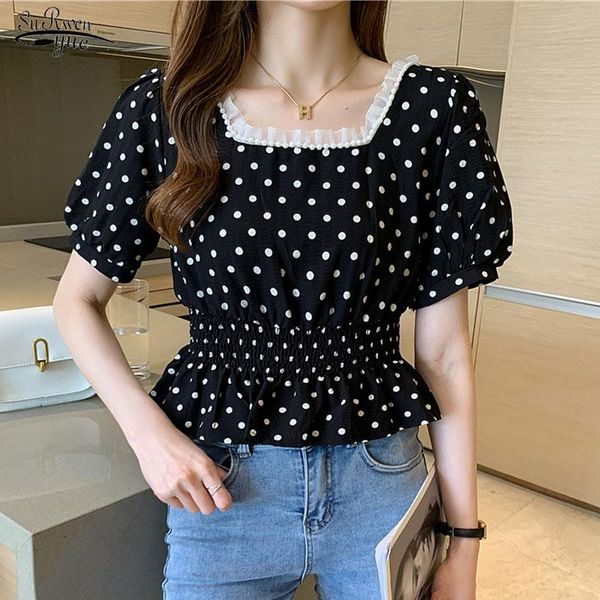 

women's blouses & shirts summer 2021 casual sweet pearl mesh stitching polka dot blouse short sleeve waist hugging chiffon shirt blusa, White