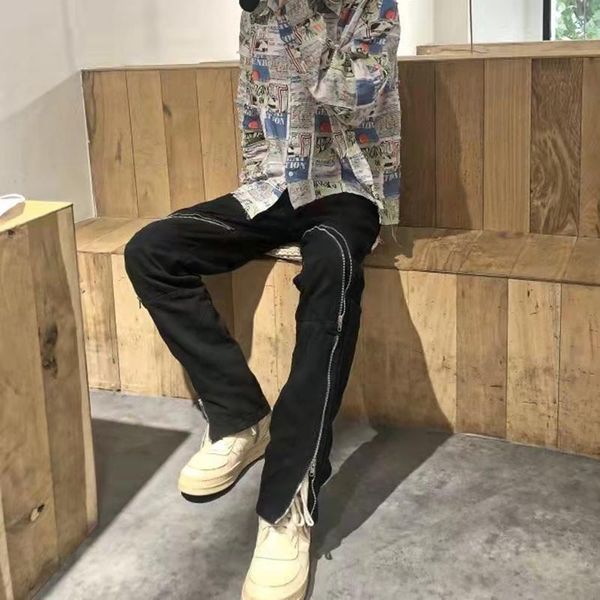 

men's jeans retro zipper pockets vibe style washed ripped pants mens high street frayed straight oversized casual denim trousers, Blue