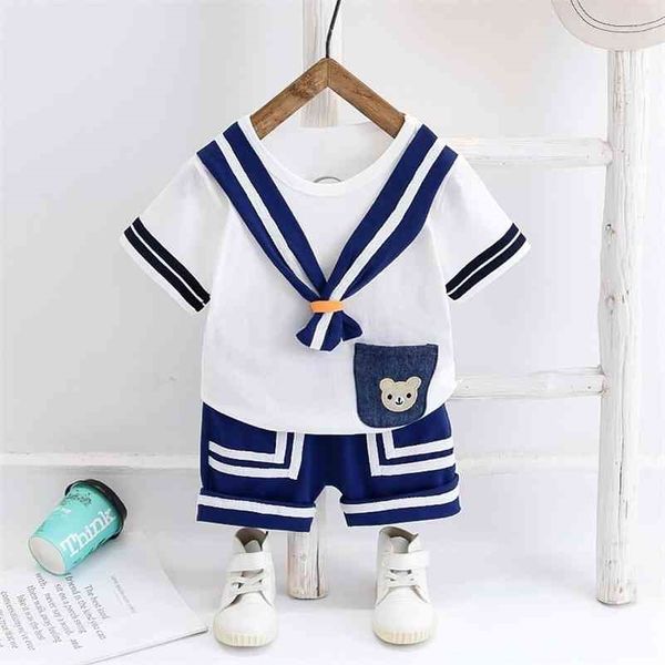 Estilo Marinho de Verão Set Meninas Meninos Roupas de Algodão Roupas T-shirt de Manga Curta + Shorts para Criança Crianças Fato Bebê Fato Bonito 210326