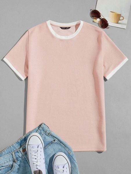

men contrast binding round neck tee v3x7#, White;black