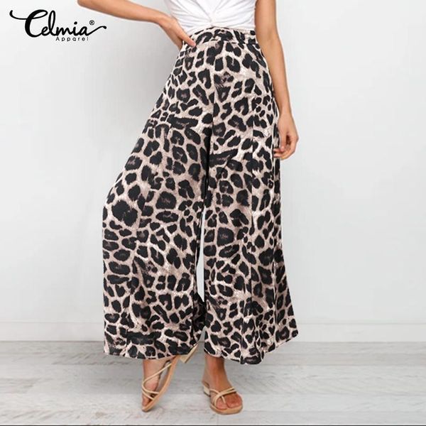 

celmia 2021 fashion leopard print elastic high waist pants spring women casual pockets trousers streetwear wide leg pantalon 5xl women', Black;white