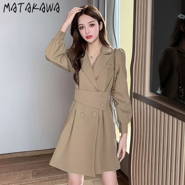 

matakawa elegant notched woman dress spring temperament puff sleeve solid vestido de mujer korean a-line femme robe 210513, Black;gray