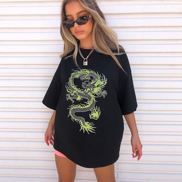 

plus size dragon print t-shirt women short sleeve casual streetwear oversized long shirts basic tshirts ladies summer women's, White