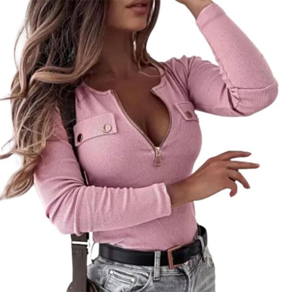 

women's blouses & shirts lady blouse women elegant solid color v neck zipper casual autumn low cut shirt blusas, White