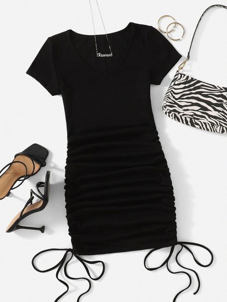 

v-neck drawstring ruched side dress n0ix#, Black;gray