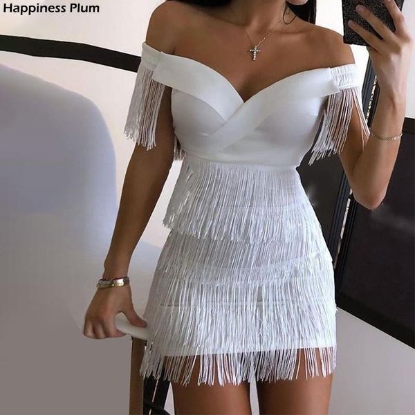 

sleeveless bodycon mini dress women white off shoulder tassel female short dresses 2021 summer party club bandage vestidos casual, Black;gray