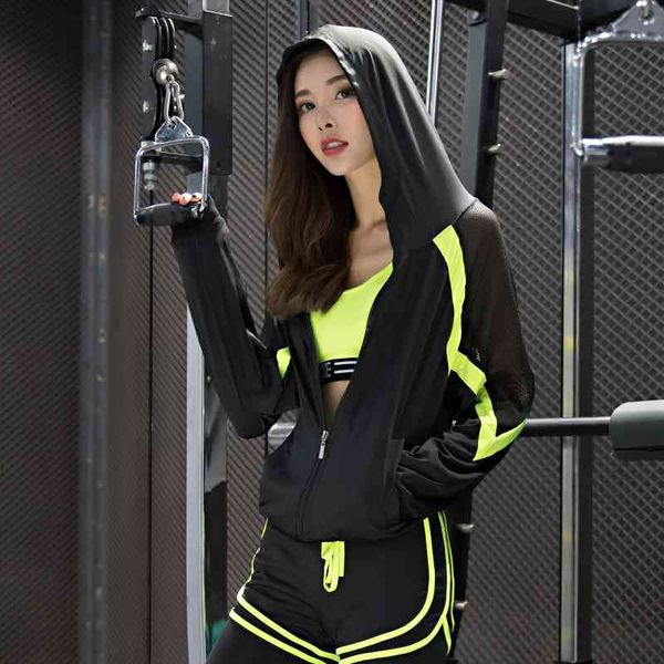 

yoga clothes women's mesh hooded coat zipper cardigan loose long sleeve quick drying large fitness sportswear women, Gray