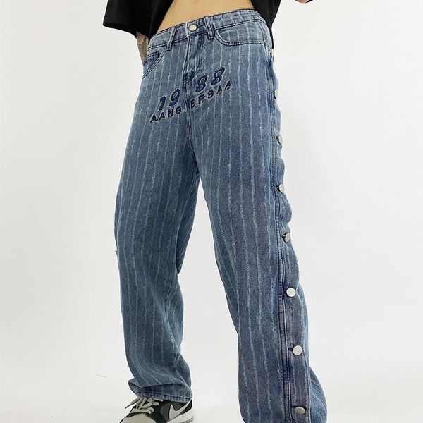 

women's jeans harajuku gothic trendy water wave stripes casual loose embroidered heavy duty double-breasted straight pants, Blue