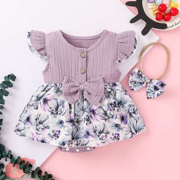 

born infant baby girls set summer cotton linen ruffle bow floral printing romper dress bodysuit girl outfits clothing sets, White
