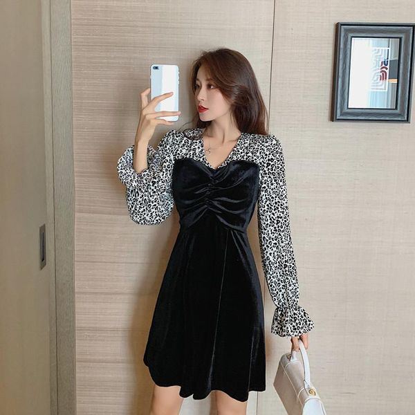 

early autumn han edition a-line dress with long sleeves leopard splicing velvet show thin v-neck female waist casual dresses, Black;gray