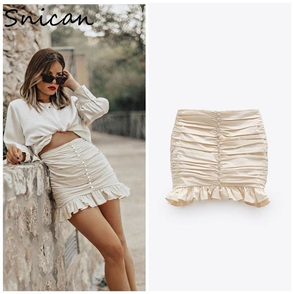 Feminino Sólido Ruched Ruffle Mini Saia Gem Button Alta Cintura Slim Sexy Faldas Cortalas Za Mulheres Verão Primavera Jupe Femme 210708