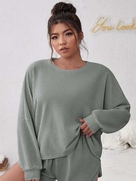 

plus drop shoulder waffle knit sleep m5mt#, Black;white