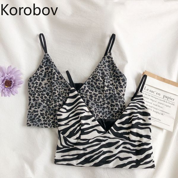 Korobov New Summer Chic Streetwear Canotta Vintage Sexy Scollo a V Crop Top Coreano Leopard Spaghetti Striped Vest 210430