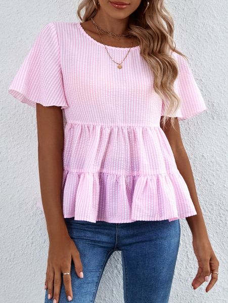 

striped ruffle hem blouse i2sw#, White