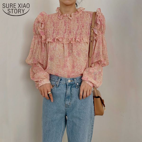 

for women fashion korean long sleeve printed blouse ruffled puff sweet shirt female ropa mujer 13477 210508, White